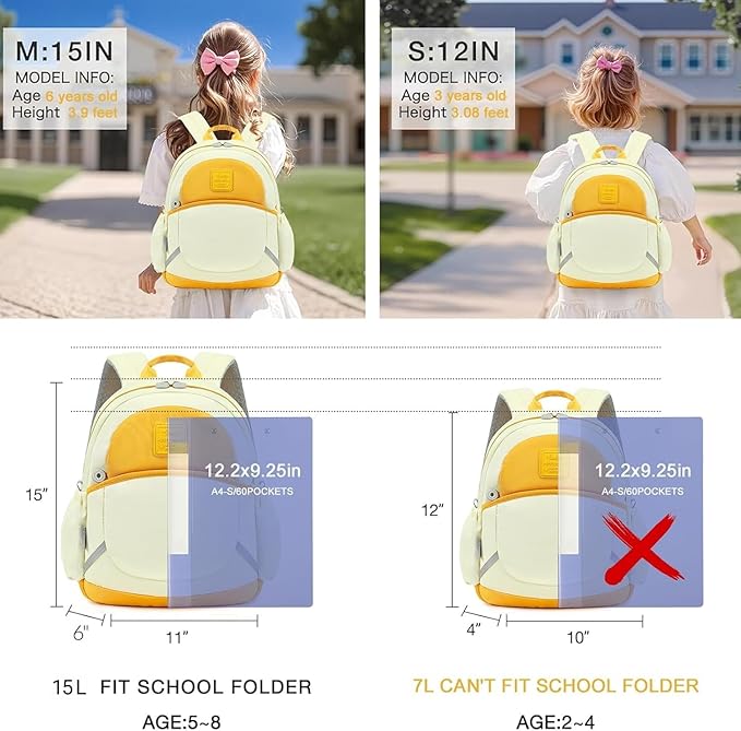CAMTOP Toddler Backpack for Boys Girls 2-4, Kids Backpacks for Kindergarten Preschool, 12" H Small Bookbag for Daycare Travel (Yellow, 12''- Not fit A4 folder)