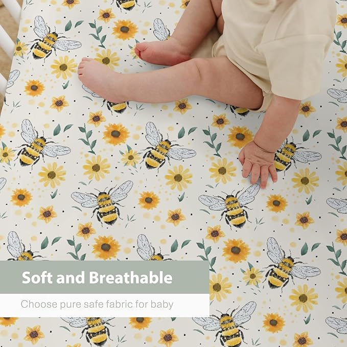 Boho Bees Sunflowers Baby Crib Sheets for Boy Girl 52"x28" Watercolor Bee Yellow Floral Soft Snug Fitted Crib Mattress Cover Spring Summer Baby Sheet for Standard Crib & Toddler Bed Mattress