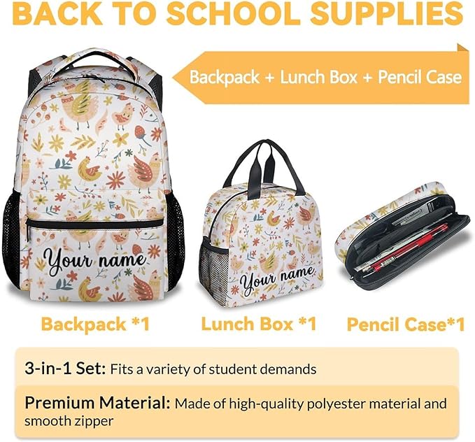 COOPASIA Personalized Chicken Backpack with Lunch Box and Pencil Case, 16 Inch Chicken Theme Bookbag with Adjustable Straps, Lightweight, Durable, Large Capacity, School Backpack for Girls Women