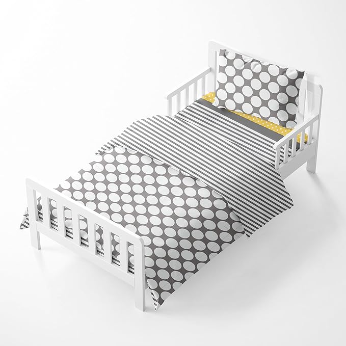 Bacati - Dots/pin Stripes Neutral Grey/Yellow 4 Pc Toddler Bedding Set 100 Percent Cotton Includes Reversible Comforter, Fitted Sheet, Top Sheet, and Pillow Case for Boys/Girls