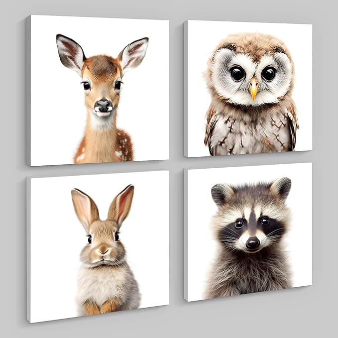 GLOKAKA Nursery Decor Animals Print Painting Kids Canvas Wall Art Baby Room Funny Decor Poster Kids Bedroom and Playroom Decoration,Gallery Wrapped,4 Panels