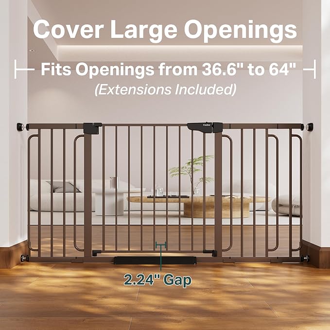 Cumbor 36.6-64" Extra Wide Baby Gate for Stairs, Dog Gates for Doorways, Auto-Close Pet Gate Indoor, Pressure Mounted Walk Through Safety Child Gate for Kids Toddler, Tall Pet Puppy Fence Gate, Brown