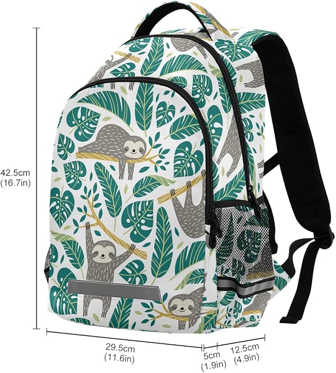 MNSRUU School Backpack with Chest Strap, Cute Sloths And Tropical Palm Leaves Laptop Backpack, Travel Hiking Backpack for Boys Girls, Rucksack, Knapsack
