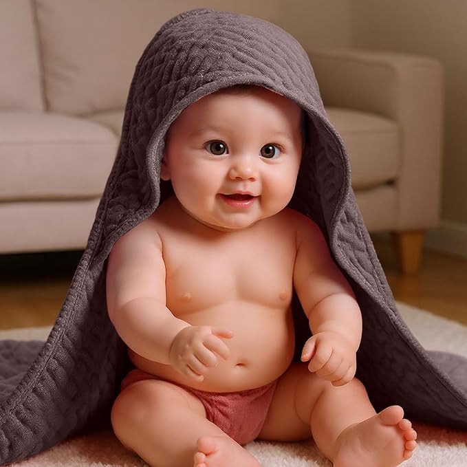 Peryiter 6 Pcs Muslin Hooded Baby Towels, 32x 32'' Cotton Newborn Bath Towel Muslin Infant Baby Blankets Absorbent Unisex Christmas Registry Gift Essentials for Girls Boys (Gray Series)