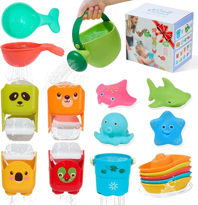 Mold Free Bath Toys, 17PCS | Safe Easy Clean & Fun Floating Boats & Rotating Waterfall Cups & Watering Can and No Hole Bath Toy for Babies 12+ Months | Bathtub Sand Beach Pool Water Toddler Toys