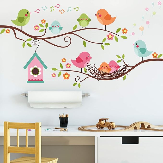 ROFARSO Colorful Cute Cartoon Lovely Birds Singing On The Branch with Flowers Wall Stickers for Kids Removable Wall Decals DIY Decorations for Nursery Baby Boys Girls Bedroom Playroom Living Room…