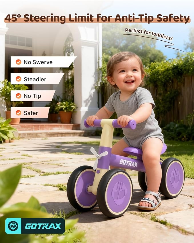 Gotrax Baby Balance Bike 1-2 Years, 7" Front&Rear Silent Wheels, Sturdy Steel Frame 66 lbs Load, Quick 2-Min Assembly, CPC Certified, Comfortable Soft Seat, Toddler Birthday Gift for Boys&Girls Purple