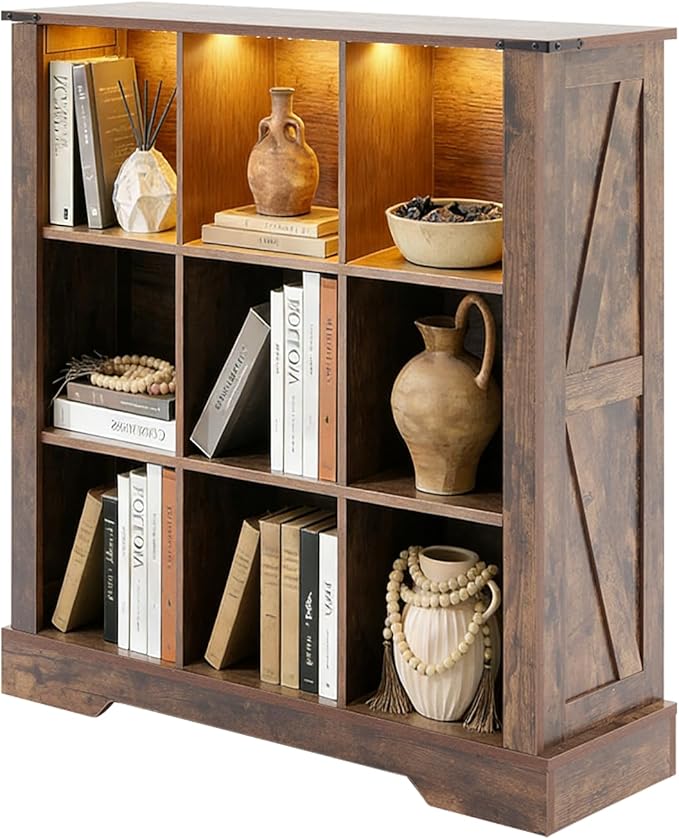 Puntogen 9 Cube Storage Organizer, Wood Cube Bookshelf with LED Lights, Horizontal Storage Cubes, Kids Bookshelf, Display Cabinet Cubby Shelf for Living Room Home Office Bedroom，Brown