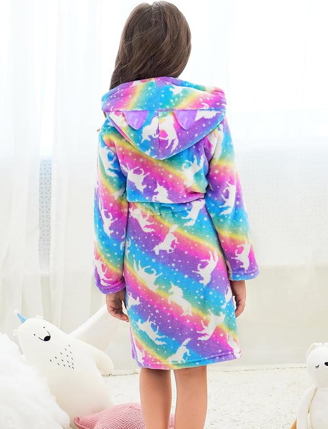 Doctor Unicorn Girls Leopard Cat Robe Kids Fleece Warm Hooded Bathrobe