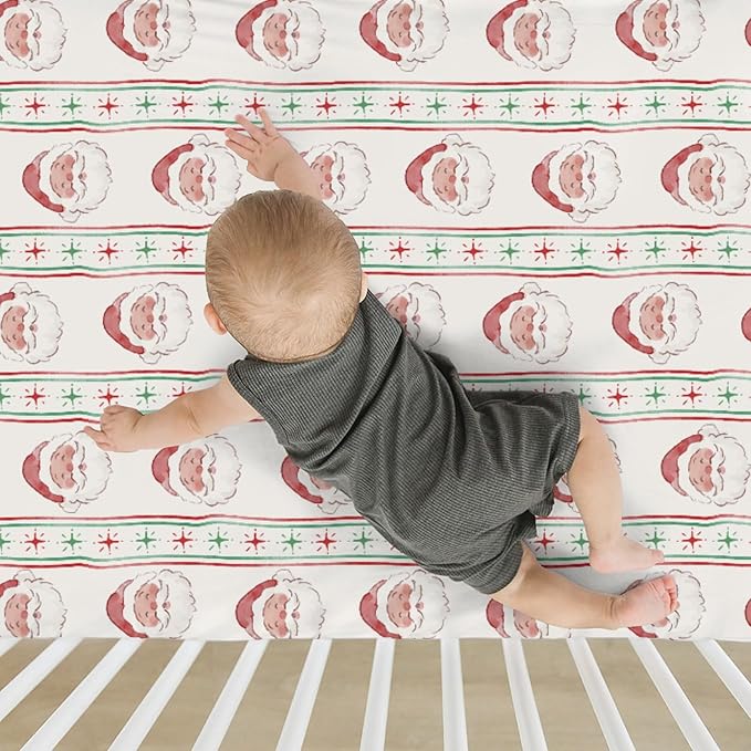 Red and Green Christmas Santa Baby Crib Sheets for Boy Girl 52"x28" Winter Santa Claus Stars Stripe Soft Snug Fitted Crib Mattress Cover Holiday Festive Baby Sheet for Standard Crib & Toddler Mattress