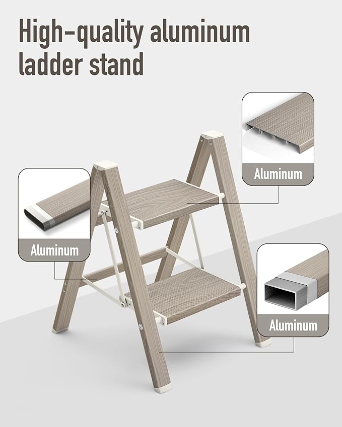 Mayi Plus 2 Step Ladder,Aluminum Folding Step Stool for Adults,Step Ladder with Wide Anti-Slip Pedal,330 lbs Capacity for Home,Kitchen,Library,Office,(Fir Woodgrain