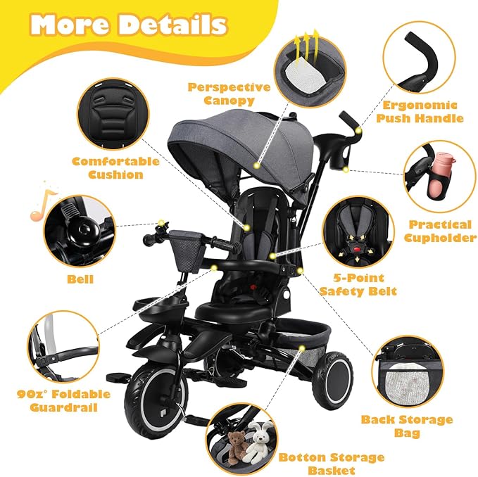 Folding Kids Tricycle, 8 in 1 Baby Trike W/Removable & Adjustable Canopy, Parent Handle, 5-Piont Safety Harness, Toddler Bike Stroller for Kids 1-6 Years, EVA Wheels, Storage Basket, Grey
