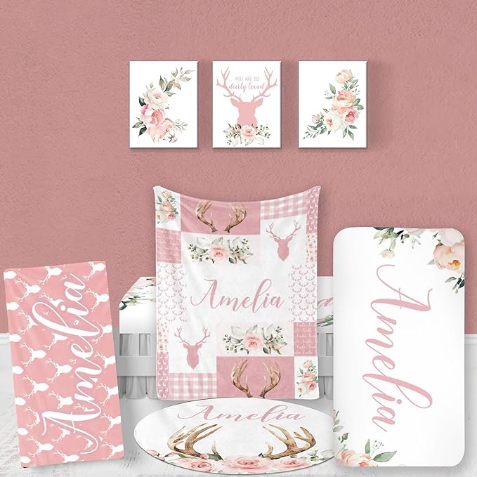 Custom Baby Bedding Set: Personalized Pink Deer Antlers Bedding, Baby Blanket Fitted Sheet Changing Cover Nursery Rug Gift Idea Room Decor
