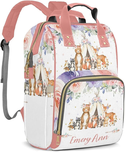 Personalized Woodland Animals Pink Purple Floral Custom with Name Diaper Bag Backpack For Baby Boy Girl Dad Mom Unisex for Adult Daypack Holiday Gift