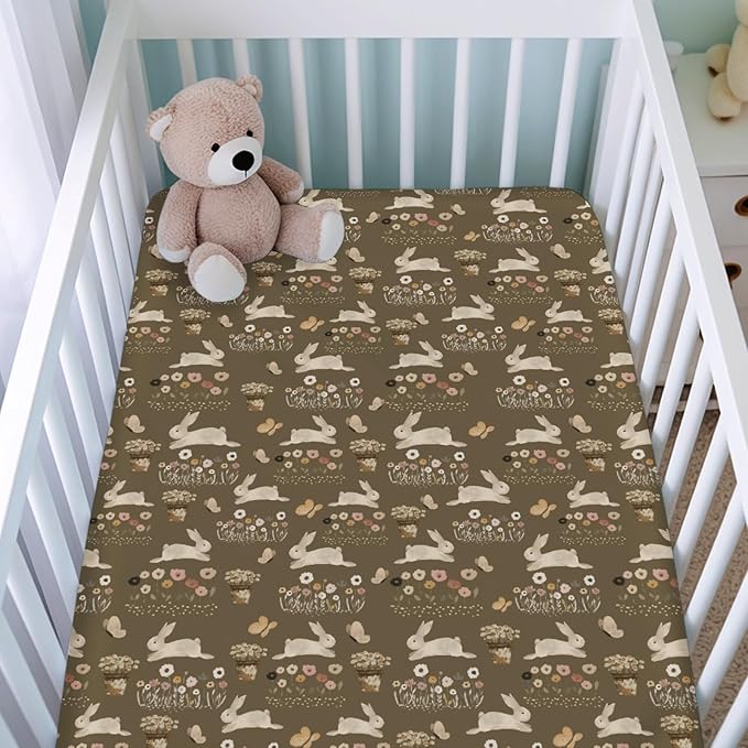 Cute Hopping Bunnies Flowers Fitted Baby Crib Sheets Boy Girl 52"x28" Rabbits Boho Retro Floral Soft Crib Mattress Covers Spring Garden Easter Baby Sheets for Standard Crib and Toddler Bed Mattress