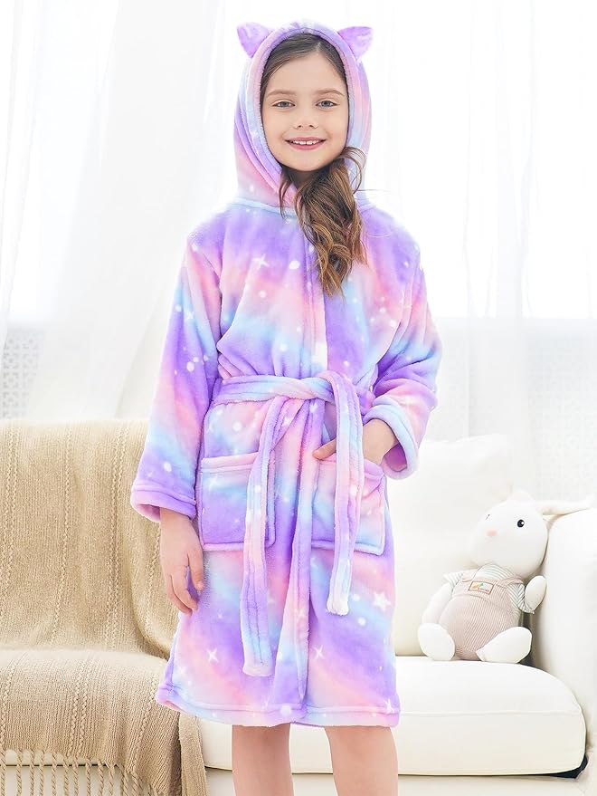 Doctor Unicorn Girls Leopard Cat Robe Kids Fleece Warm Hooded Bathrobe
