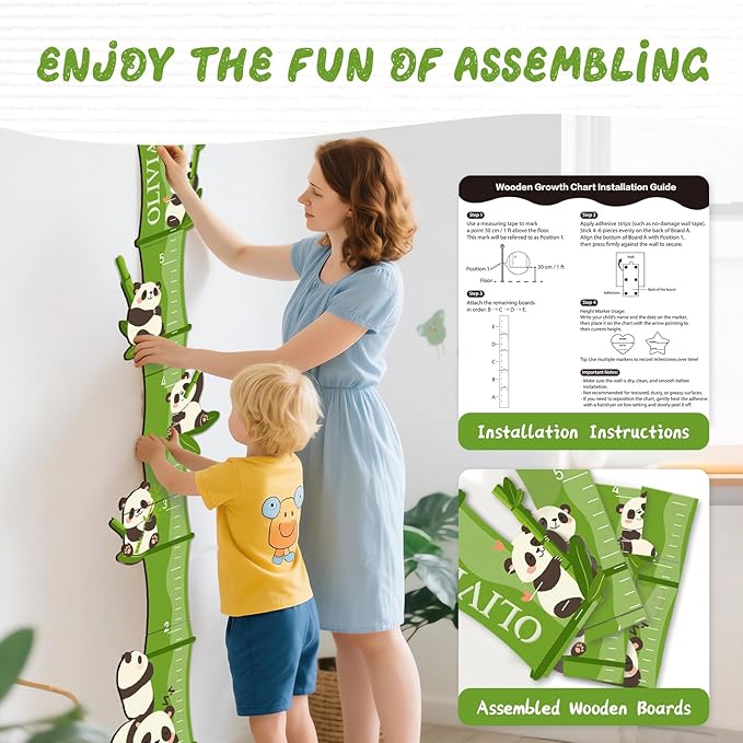 Woodemon Personalized Name Growth Chart, Bamboo Panda Wooden Height Chart, Thick Height Measuring Board, Kids Height Tracker for Nursery Decor, Baby Boy Girl Measurement Ruler
