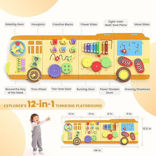 BlueWood Wooden Wall Busy Board Panels, Toddler Learning Activity Center, Montessori Philosophy Sensory, Educational Toys, Conducive to All-Round Development - School Bus