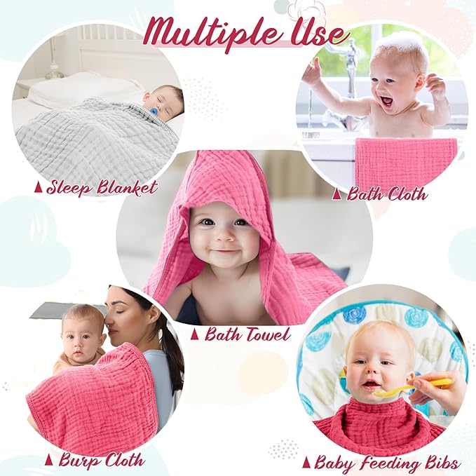 VitalCozy 8 Pcs Baby Muslin Hooded Bath Towels and Washcloths Muslin Cotton Hooded Baby Towels Absorbent Blankets for Gift Newborn Infant Shower (32 x 32 Inch,Bright Colors)