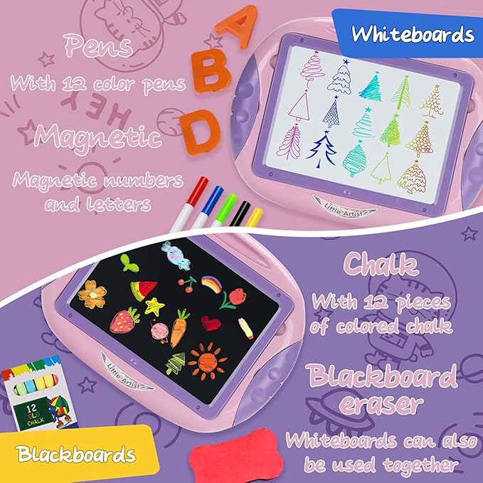 Gift for 1-2 Years Old Girl, Girl Toys with Magnetic Letters and Numbers, Portable Doodle Board Easel, Learning and Educational Toy for 1-2 Years Old Girls (Pink Purple)