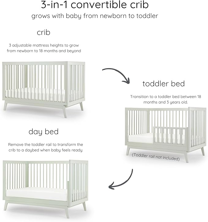dadada Baby Soho 3-in-1 Convertible Wooden Crib to Toddler Bed - Made in Italy, GREENGUARD Gold Certified, Baby-Safe Finish, Handcrafted Beechwood, Modern Design, 3 Adjustable Heights (Sage)