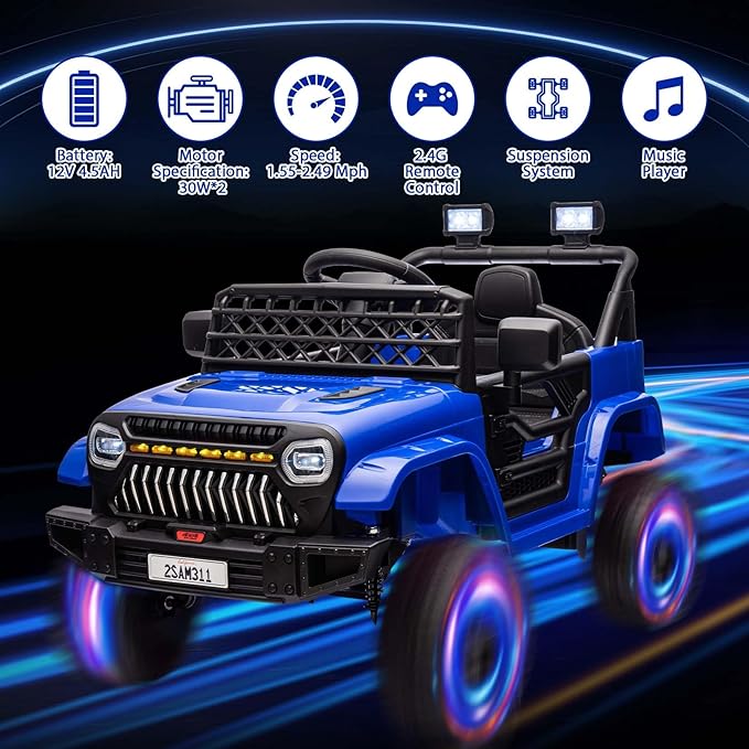 12V Ride On Car for Kids Electric Vehicle Toddlers Battery Powered Truck Car Toy with Remote Control, 4-Wheel Suspension, Battery Display, LED Lights, Music, for Boys Girls, Dark Blue