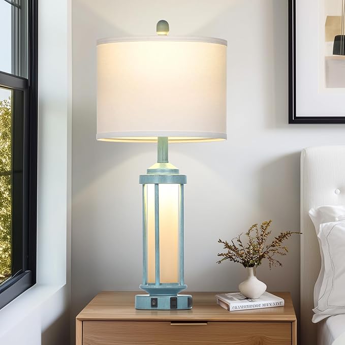 Farmhouse Table Lamps Set of 2 for Living Room, 27" Tall Rustic Vintage Table Lamp with USB A+C Charging Ports & AC Outlet, Modern Retro industrial Nightstand Bedside Lamp for Bedroom Side Table Decor