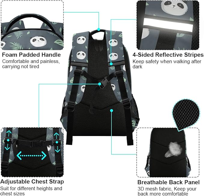 MNSRUU School Backpack with Chest Strap, Cute Panda Plant Leaves Laptop Backpack, Travel Hiking Backpack for Boys Girls, Rucksack, Knapsack