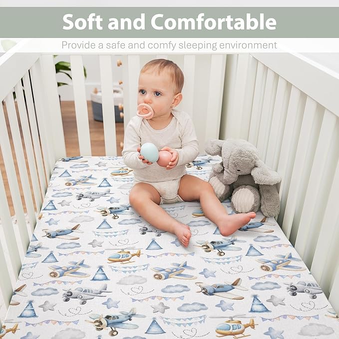 Vintage Planes Airplanes Helicopters Baby Crib Sheets Boy Girl 28"x52" Retro Stars Plane Clouds Sky Soft Stretchy Fitted Crib Mattress Cover Baby Sheet for Standard Crib & Toddler Mattress Pad