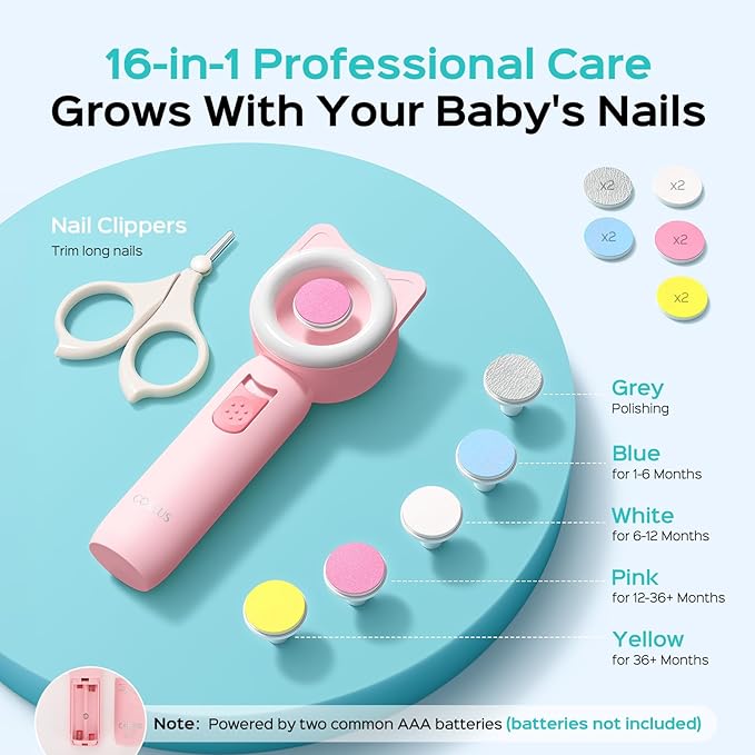 COSLUS Baby Nail File, Baby Nail Trimmer Electric, Baby Nail Clipper - Gentle, Quiet with 360° Light, Safe for Sleep Time Grinding, 16-in-1 Kit for Newborn, Infant & Toddler (C50, Strawberry Pink)