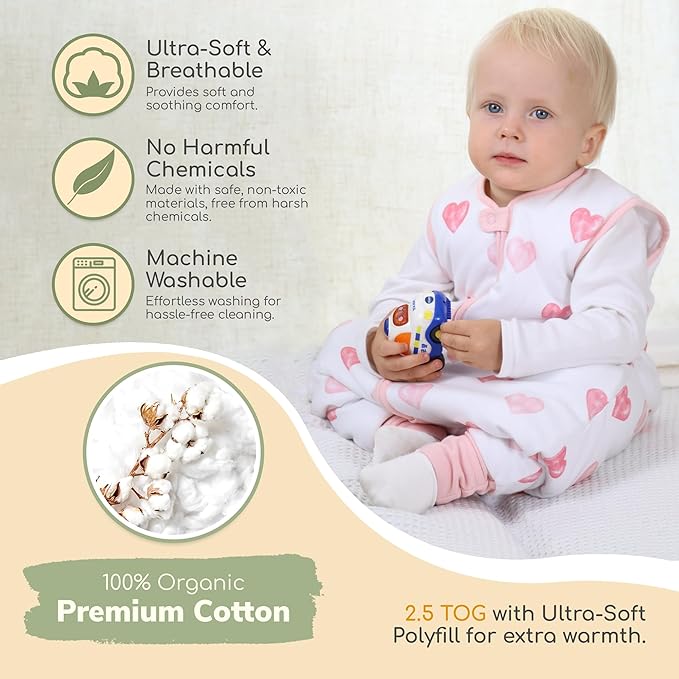 Mama Cheetah Toddler Sleep Sack with Feet 2T, 2.5 TOG Organic Cotton Baby Sleeping Bag with Legs, Baby Wearable Blankets for Walkers w/ 2-Way Zipper, Baby Sleep Sack for Girls Boys, Medium