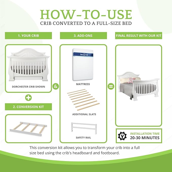 Full-Size Conversion Kit Bed Rails for Baby Appleseed and Eco-Chic Convertible Cribs - Solid Wood Rail - Toddler and Adult Bed Rail for Full-Size Beds - Nursery and Baby Furniture (White, Option 2)
