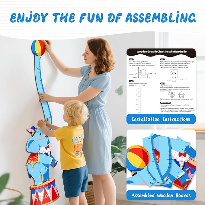 Woodemon Personalized Name Kids Growth Chart Wall, Circus Elephant Wooden Height Chart for Kids, Height Measurement for Wall Kids Room Nursery Wall Decor