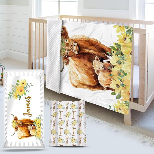 Custom Name Crib Bedding Set 3-Piece – Yellow Flower Highland Cow Design Baby Bedding Set with Personalized Soft Blanket, Fitted Sheet, Changing Pad Cover – Ideal Newborn Gift for Boys and Girls