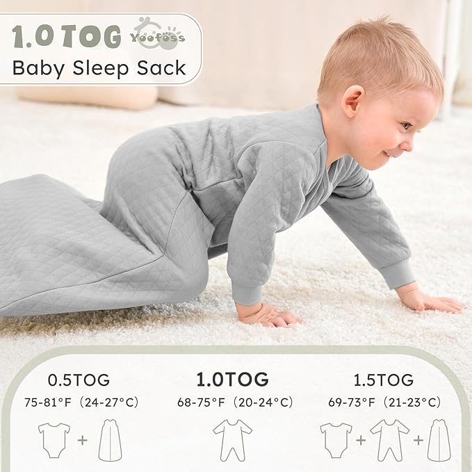 Yoofoss Baby Sleep Sack 12-18 Months 1.0 Tog Long Sleeve Sleep Sack Organic Cotton Wearable Blanket for Toddlers 2-Way Zipper Quilted Sleeping Sacks(Large)