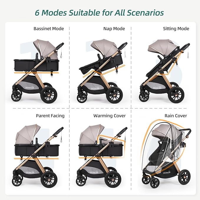 6-in-1 Convertible Baby Stroller with Bassinet Mode - Toddler Stroller w/Footmuff, Rain Cover, Cup Holder & Large Storage, Newborn w/All-Scene Large Wheels, Reversible Seat(Grey)
