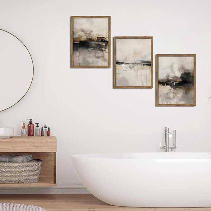 Neutral Abstract Wall Art Set of 3, Modern Black Brown Abstract Wall Decor Paintings, Minimalist Beige Textured Prints Pictures for Living Room Bedroom Office Home Decor 12x16 Inch Wood Framed