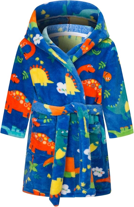SANGTREE Boys Girls Robe Fleece Hooded Soft Toddler Bathrobe Cute Boys Bathrobe Fuzzy Plush Robes for Kids, 2-12 Years