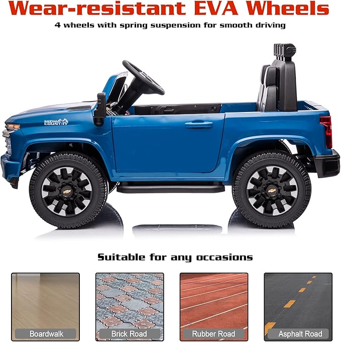 2 Seater 24V Chevrolet Silverado HD Pickup,4WD Electric Vehicle with Parent Remote, Wear-Resistant Tires Ride On Car Electric Power Vehicles Wheels Ride on Toys for Boys,(Blue)