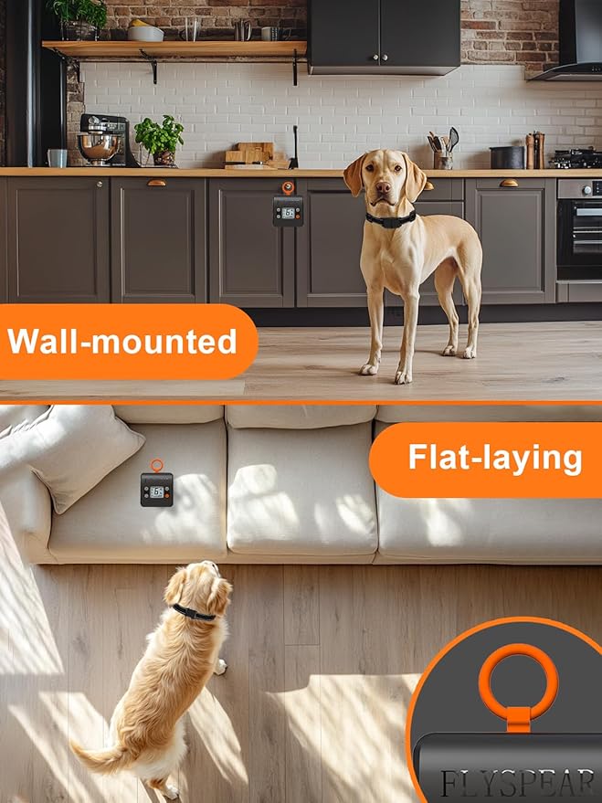 FLYSPEAR Wireless Pet Barrier - Rechargeable Indoor Barrier with 6 Adjustable Range Radius up to 7 ft, 6 Adjustable Safe Static Intensity, Electric Fence System with Hook (Transmitter Only)