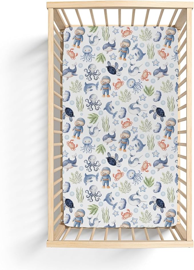 Sea Animal Baby Crib Sheets for Boy Girl 52x28 Diver Turtle Jellyfish Whale Corals Starfish Soft Snug Fitted Crib Mattress Covers Cute Ocean Animals Baby Sheet for Standard Crib & Toddler Bed Mattress