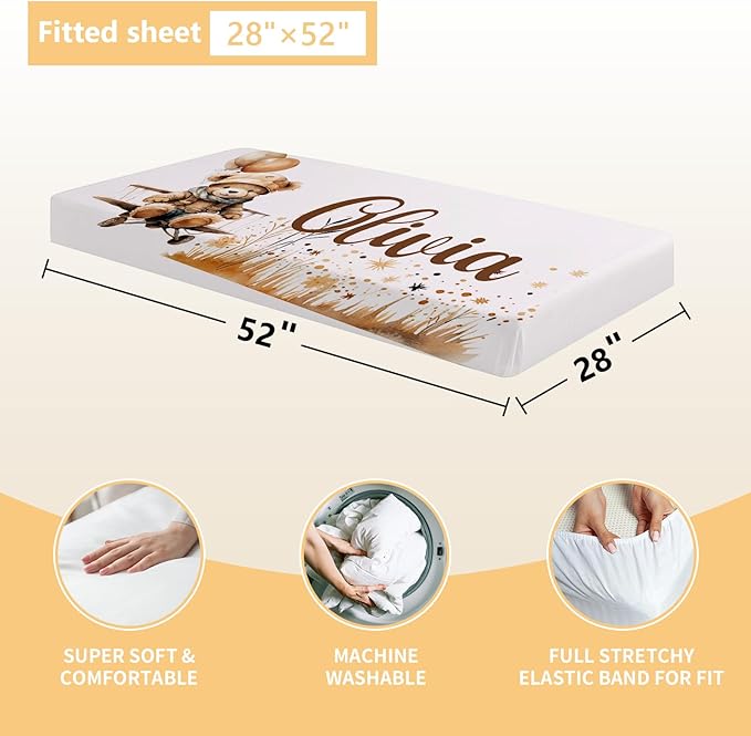 Personalized Baby Crib Bedding Set, 3 Pcs Custom Nursery Bedding Set with Name, Soft Double Layer Baby Crib Set for Boys Girls, Customized for Toddlers Infants, Brown Bear