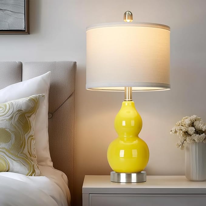 luxeflow Double Gourd Ceramic Table Lamps Set of 2, Yellow Modern Bedside Lamps for Living Room, Contemporary Nightstand Desk Lamps for Bedroom End Table Home Office Decor(2 LED Bulbs Included)