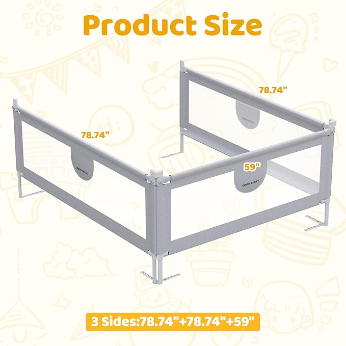 omzer Bed Rail for Toddlers - 3 Sides Safety Baby Bed Rail Guard with Child Lock, Infants Height Adjustment Queen Size Bed Rail for Toddlers,78.74"X78.74"X59"