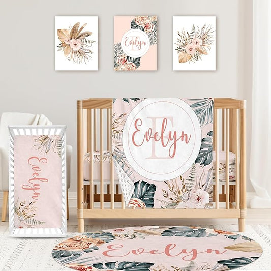 Personalized Baby Crib Bedding Set: 4 Piece Custom Bohemian Flowers Crib Bed Set with Name, Nursery Bedding Set for Baby Girls, Newborn Boys Crib Sets, Crib Bedding Custom Gift, Crib Sheet