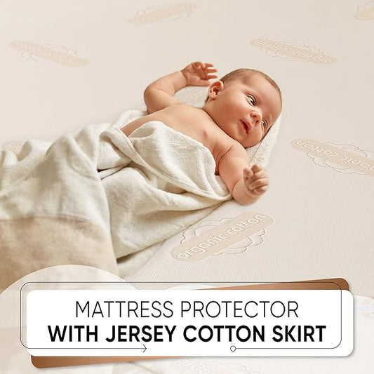 Deluxe Organic Crib Mattress Protector Pad – Waterproof & Breathable Organic Cotton Cover for Baby & Toddler Beds – Premium 280 GSM Knitted Jacquard, Soft Jersey Skirt