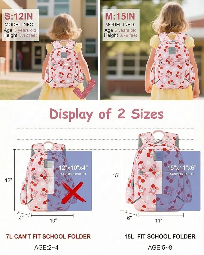 CAMTOP Toddler Backpack for Boys Girls 2-4, Kids Backpacks for Kindergarten Preschool, 12" H Small Bookbag for Daycare Travel (Cherry Pink, 12''- Not fit A4 folder)