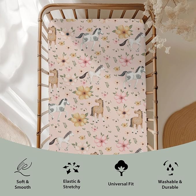 Watercolor Horse Floral Baby Crib Sheets for Boy Girl 52"x28" Running Horses Boho Flowers Soft Snug Fitted Crib Mattress Cover Wild Animals Baby Sheet for Standard Crib & Toddler Bed Mattress Pink