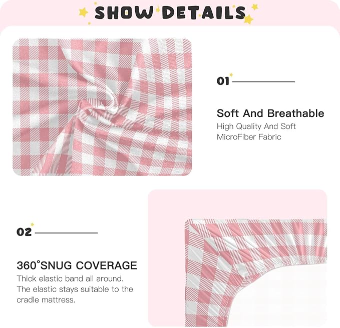 Fitted Crib Sheets for Boys Girls, Pink Buffalo Plaidw Soft Breathable Mattress Cover for Standard Crib & Toddler Bed Mattress, 52 * 28 in.