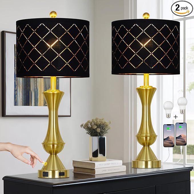 luxeflow 29" Gold Modern Table Lamps Set of 2, 3-Way Dimmable Touch Lamps for Nightstand with USB A+C & Outlets,Brass Lamps for Living Room, Bedroom, Nightstand, Entryway(2 Bulbs Included)